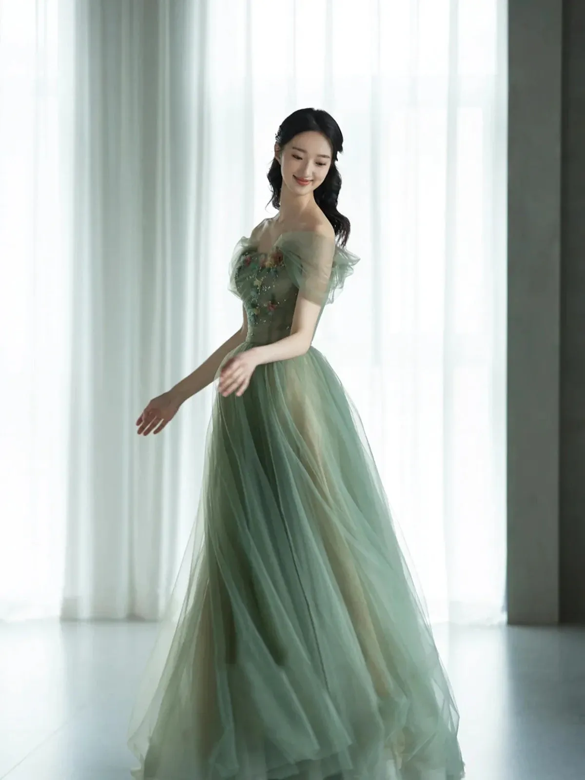 A-line Green Tulle Off Shoulder with Flowers Prom Dress, Green Tulle Evening Dress