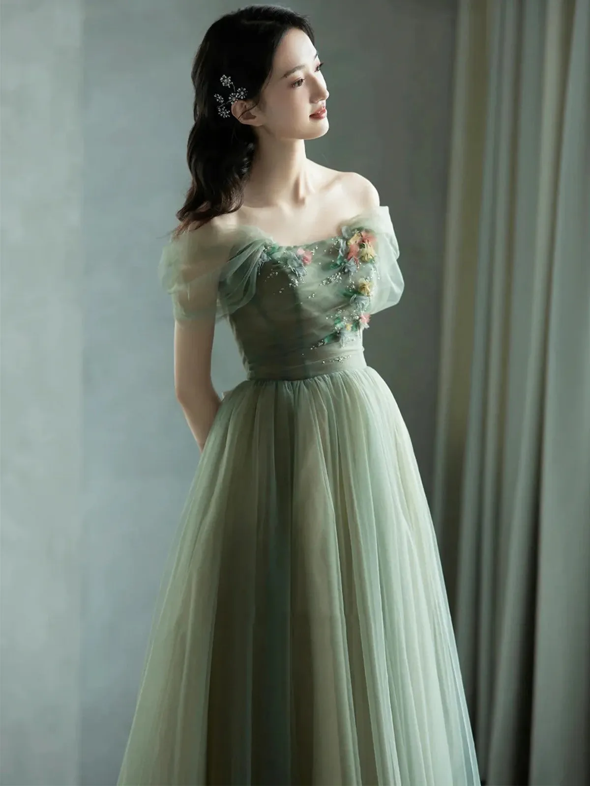 A-line Green Tulle Off Shoulder with Flowers Prom Dress, Green Tulle Evening Dress