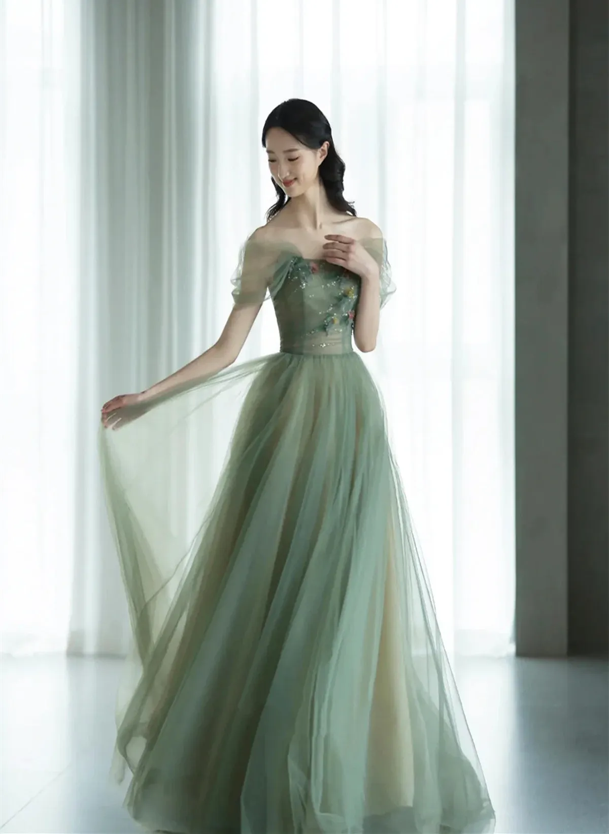 A-line Green Tulle Off Shoulder with Flowers Prom Dress, Green Tulle Evening Dress