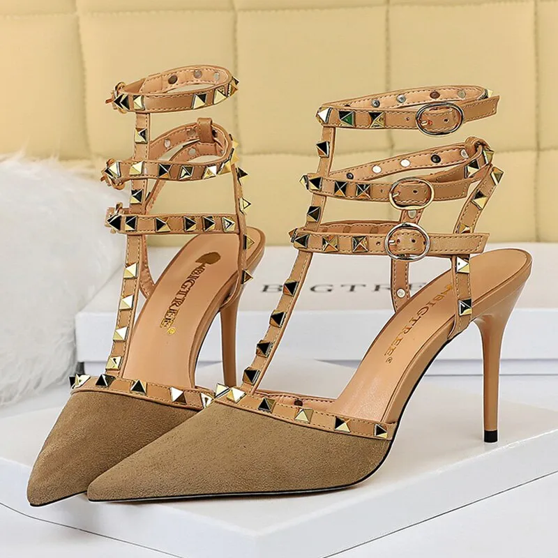 Amozae-2024 Summer Women 9cm High Heels Rivets Sandals Designer Suede Green Blue Stiletto Heels Gladiator Sandals Lady Studded Shoes