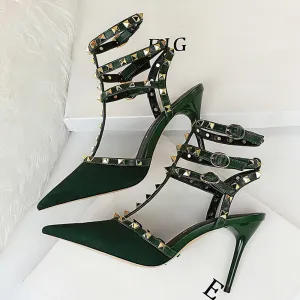 Amozae-2024 Summer Women 9cm High Heels Rivets Sandals Designer Suede Green Blue Stiletto Heels Gladiator Sandals Lady Studded Shoes