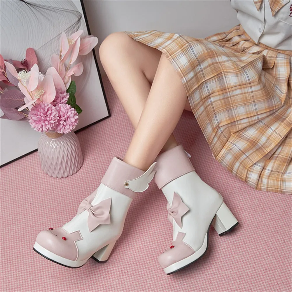 Amozae-DoraTasia Large Size 43 2024 Autumn Ankle Boots Women Platform Chunky High Heels Bowknot Animal Wing Girls Boots Cute Shoes