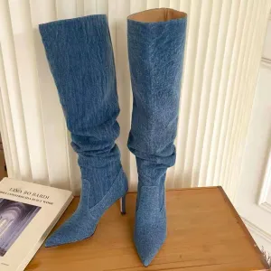 Amozae-Jeans Knee Boots Cowboy Woman Blue Pleated Denim Boots Women 2023 Autumn Winter Retro High Heels Pointed Thin Thigh High Boots