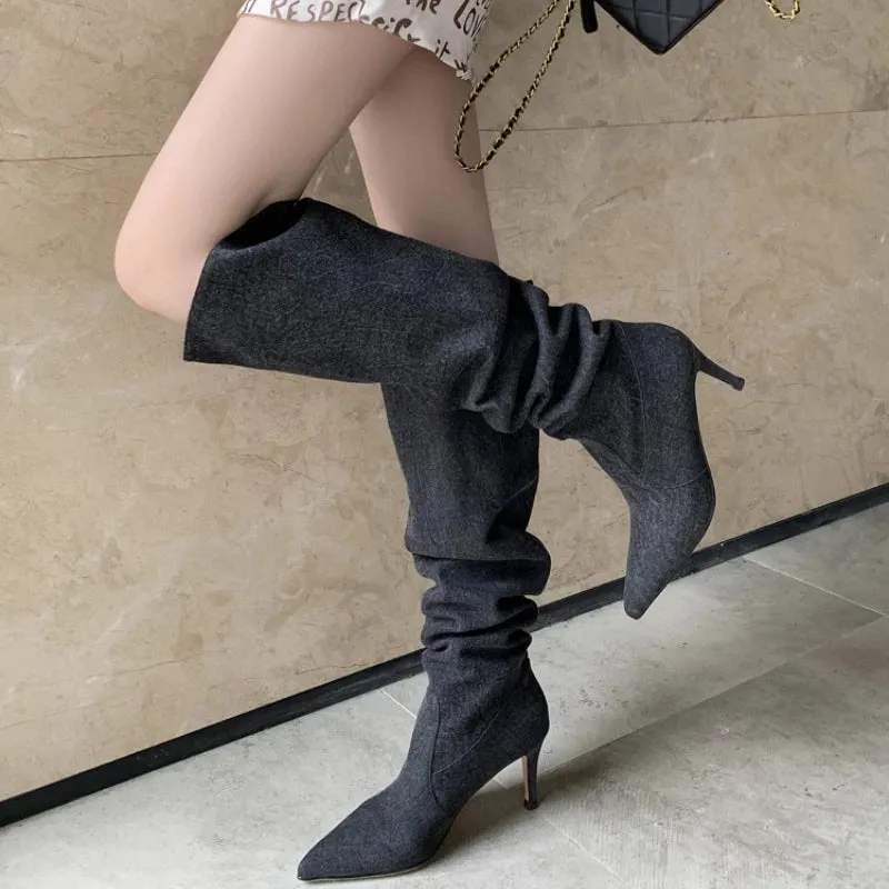 Amozae-Jeans Knee Boots Cowboy Woman Blue Pleated Denim Boots Women 2023 Autumn Winter Retro High Heels Pointed Thin Thigh High Boots