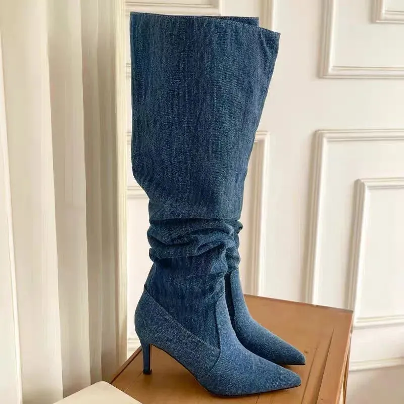 Amozae-Jeans Knee Boots Cowboy Woman Blue Pleated Denim Boots Women 2023 Autumn Winter Retro High Heels Pointed Thin Thigh High Boots