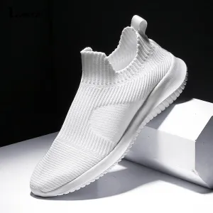 Amozae Slip-On Sneakers Men Lightweight Running Shoes Breathable Knitted Sock Shoes White Jogging Walking Sport Shoes Male Casual Shoes