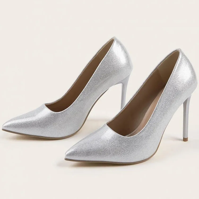 Amozae-Stiletto Heel Women Pointed Toe Pumps Shiny Silver Party Dress Shoes Gladiator Shoes Fashions Sexy Elegant Office High Heels