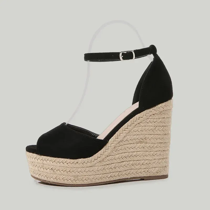 Amozae-Straw Knitted Wedge Sandals Women Casual Suede High Heels Fashions Peep Toe Roman Sandals Twine Weaving Platform Sandalias Pumps