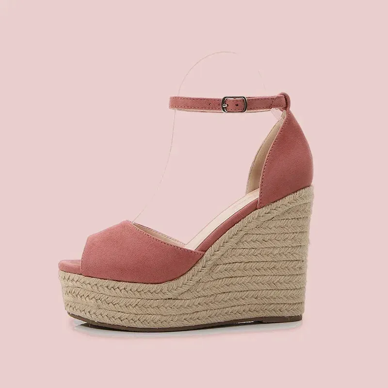 Amozae-Straw Knitted Wedge Sandals Women Casual Suede High Heels Fashions Peep Toe Roman Sandals Twine Weaving Platform Sandalias Pumps