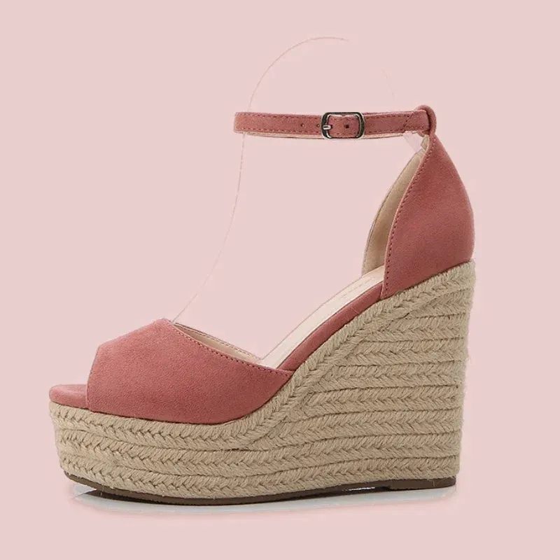 Amozae-Straw Knitted Wedge Sandals Women Casual Suede High Heels Fashions Peep Toe Roman Sandals Twine Weaving Platform Sandalias Pumps