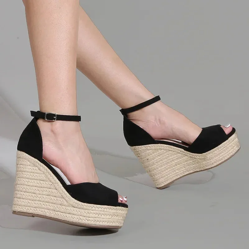 Amozae-Straw Knitted Wedge Sandals Women Casual Suede High Heels Fashions Peep Toe Roman Sandals Twine Weaving Platform Sandalias Pumps