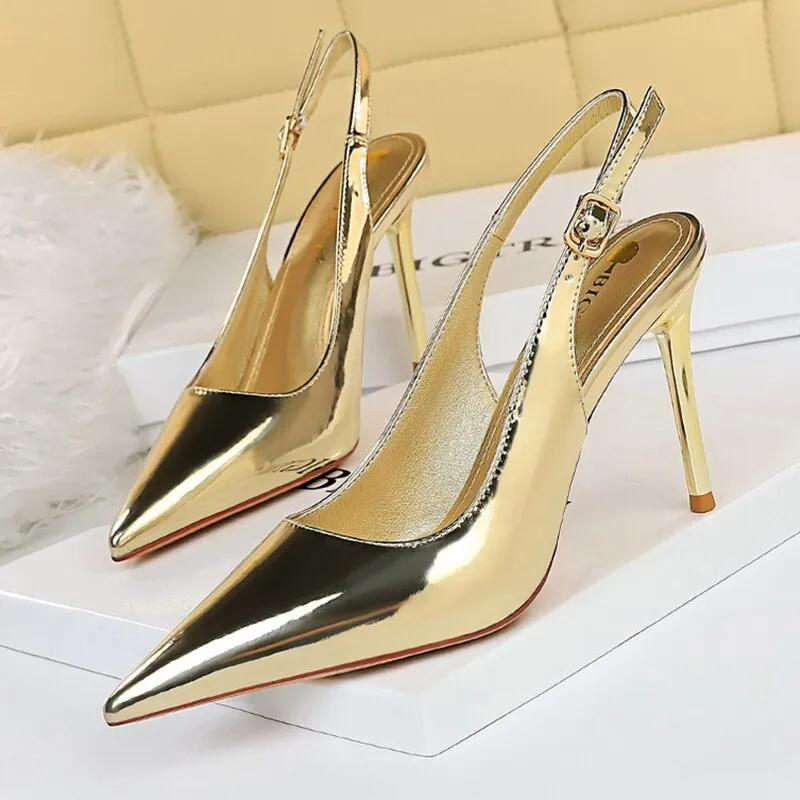 Amozae- Summer Women 9.5cm High Heels Shinny Sandals   Gold Heels Slingback Pumps Lady Plus Size 43 Wedding Bridal Quality Shoes