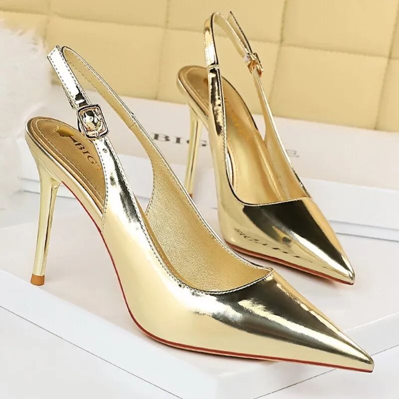 Amozae- Summer Women 9.5cm High Heels Shinny Sandals   Gold Heels Slingback Pumps Lady Plus Size 43 Wedding Bridal Quality Shoes