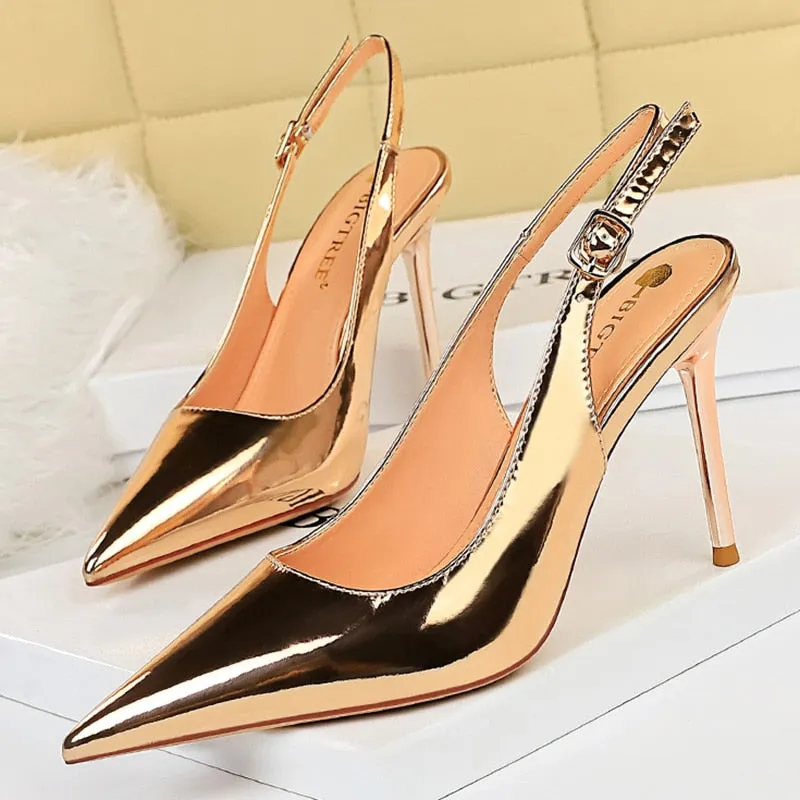 Amozae- Summer Women 9.5cm High Heels Shinny Sandals   Gold Heels Slingback Pumps Lady Plus Size 43 Wedding Bridal Quality Shoes