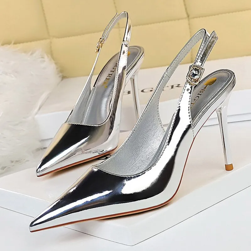 Amozae- Summer Women 9.5cm High Heels Shinny Sandals   Gold Heels Slingback Pumps Lady Plus Size 43 Wedding Bridal Quality Shoes