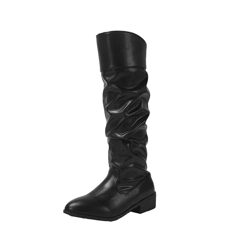 Amozae-Vintage Thick Heel Women Pleated Knee High Boots Fashion Slip On Shoes Autumn Winter Ladies Long Booties