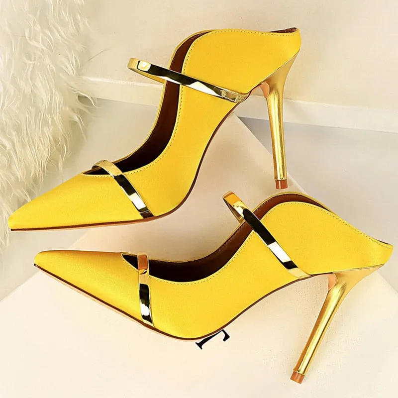 Amozae-Women Fetish 10cm High Heels Slides Female   Summer Mules Satin Slippers Lady Slip On Yellow Sandals Silk Strange Shoes