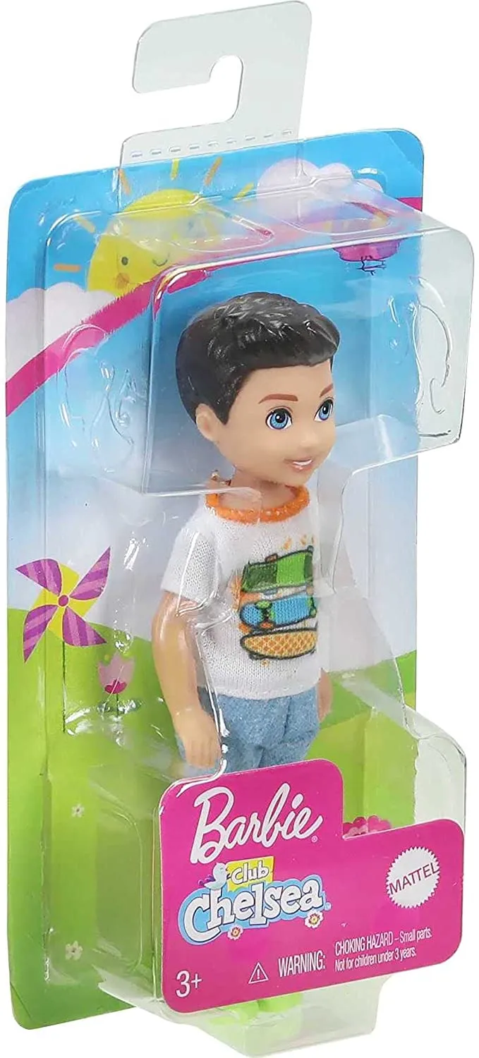 Barbie Club Chelsea Boy Doll (6-inch Brunette) Wearing Skateboard Graphic Shirt and Shorts, for 3 to 7 Year Olds