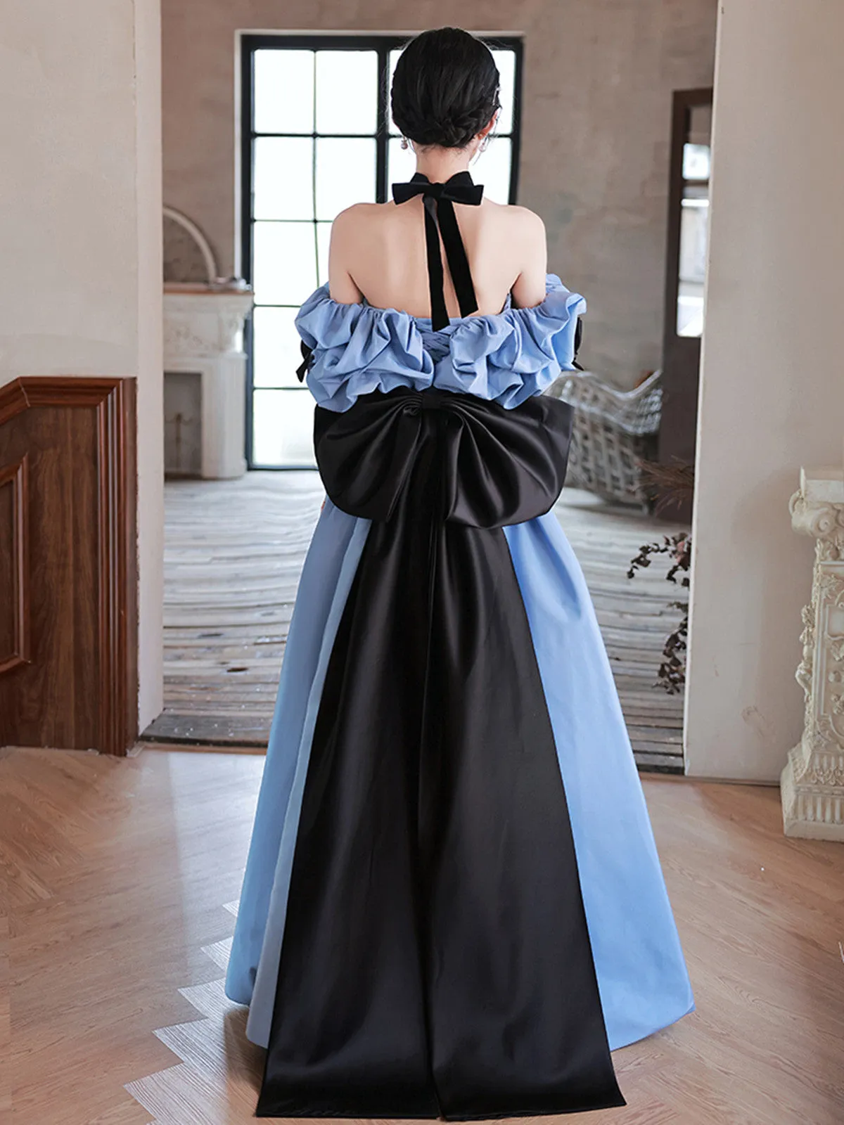 Blue Satin Sweetheart with Bow Long Party Dress, Blue A-line Prom Dress Evening Dress