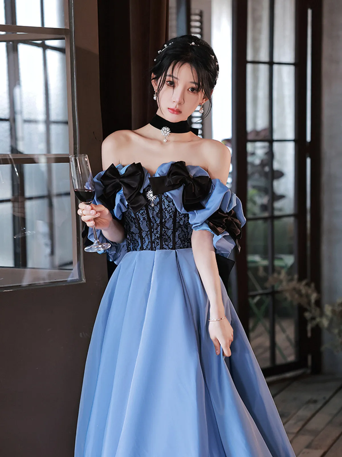 Blue Satin Sweetheart with Bow Long Party Dress, Blue A-line Prom Dress Evening Dress