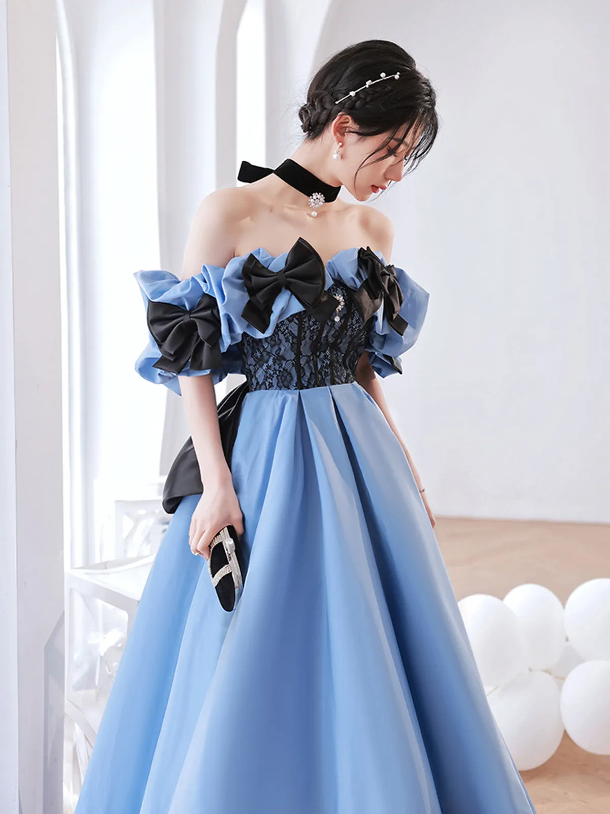 Blue Satin Sweetheart with Bow Long Party Dress, Blue A-line Prom Dress Evening Dress