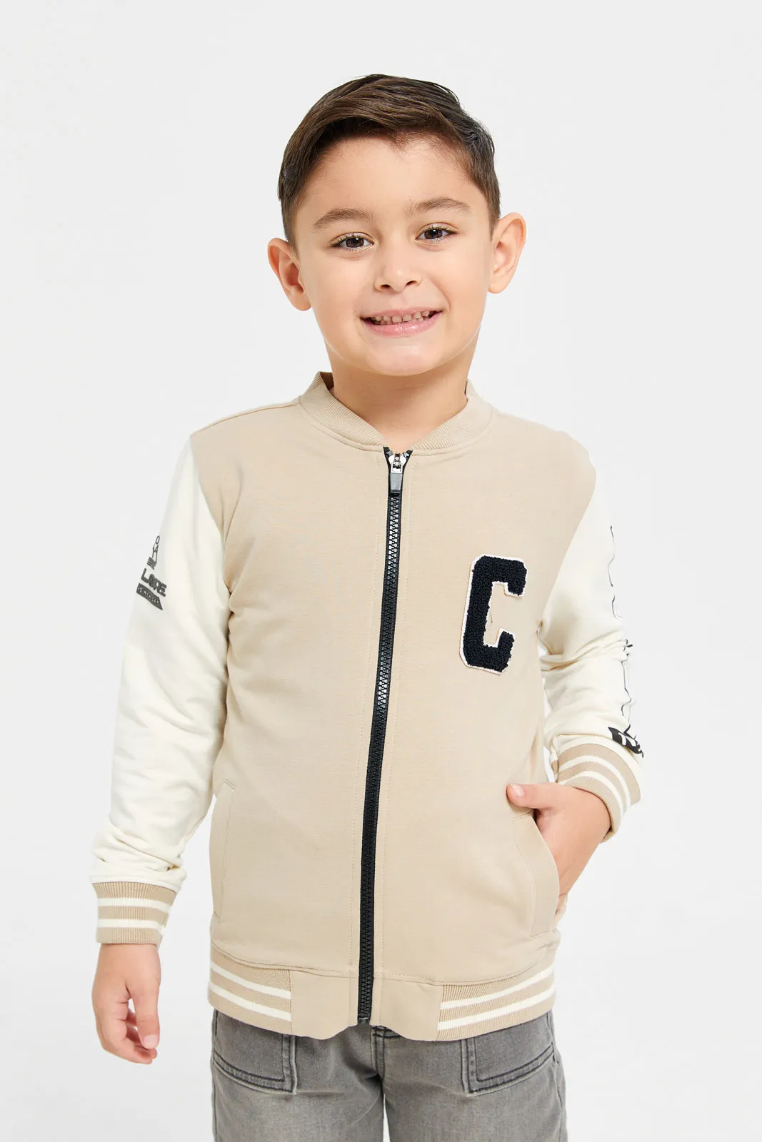 Boys Brown Bomber Zip Thru Sweatshirt