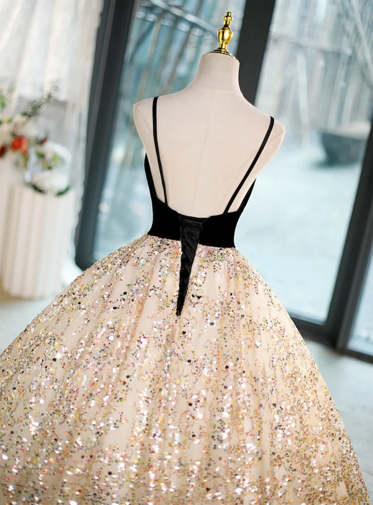 Champagne Tulle Spaghetti Straps V-neckline Formal Gown, Champagne Prom Dress