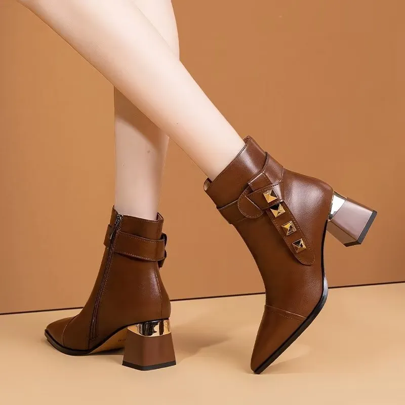 Chic Leather Pointed Toe High Heeled Boots