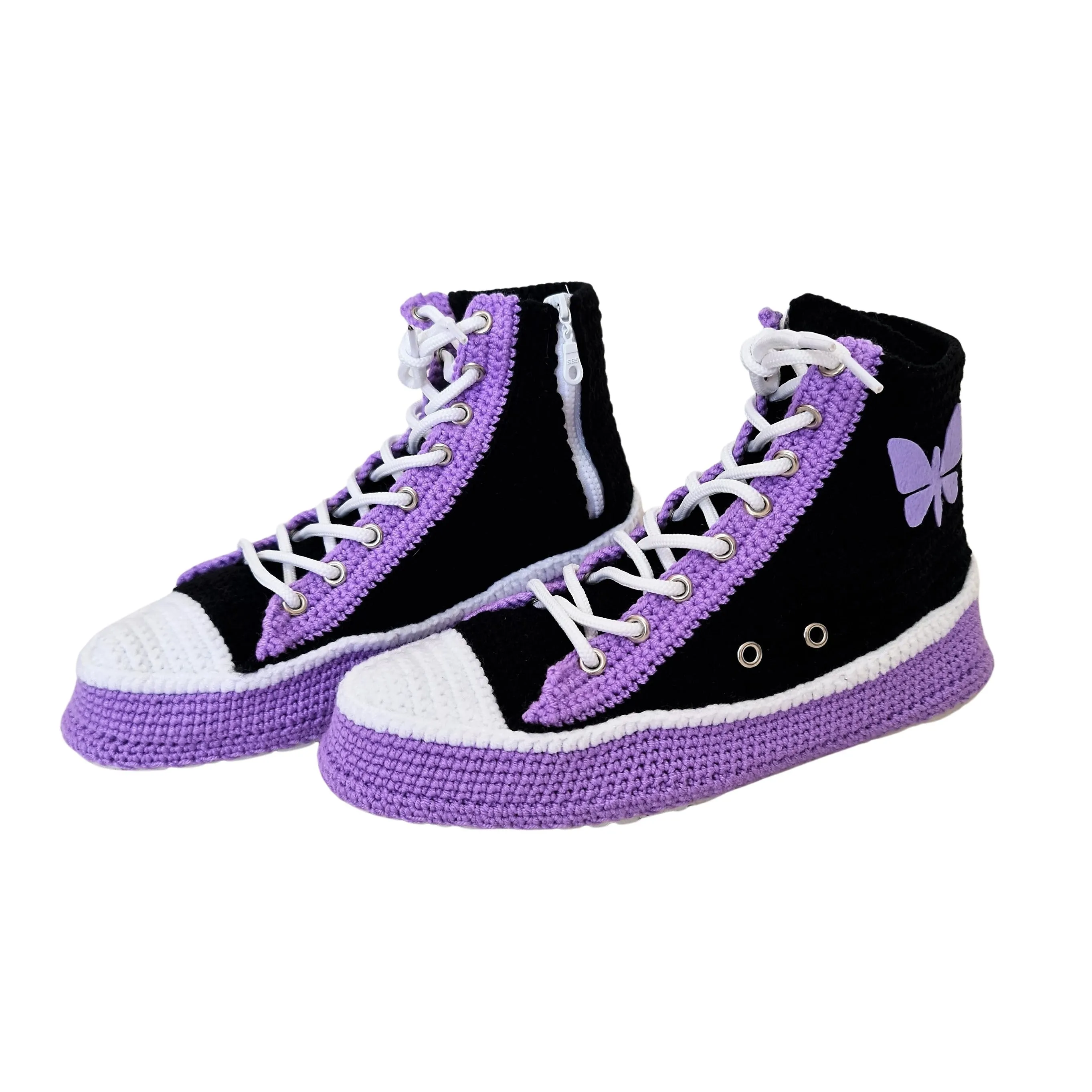 Crochet Knit Handmade Converse-Like Indoor Sneakers Purple Slippers