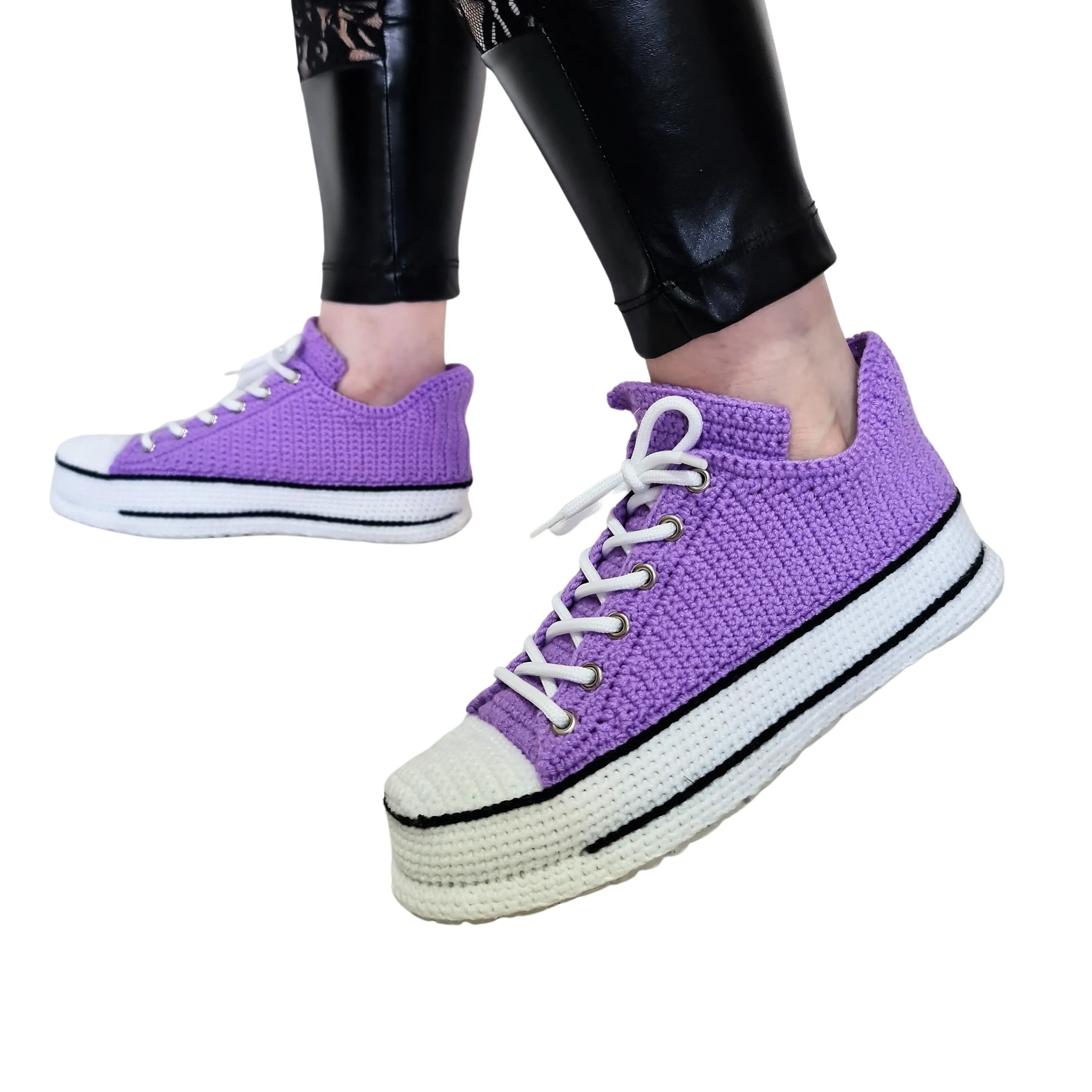 Crochet Purple Cotton House Shoes Slip On Sneakers Plush Slippers