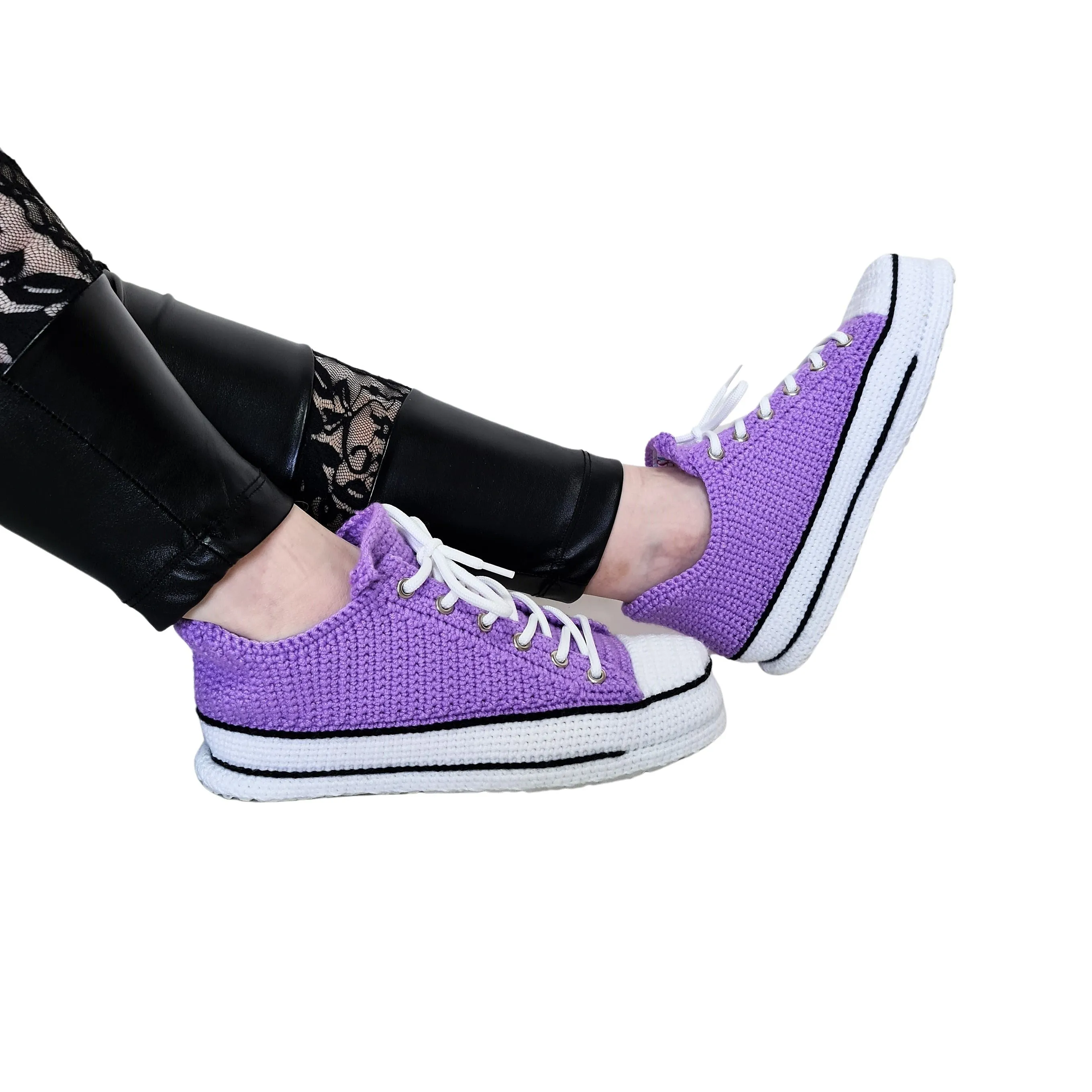 Crochet Purple Cotton House Shoes Slip On Sneakers Plush Slippers