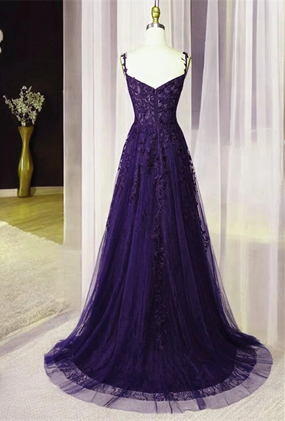 Dark Purple Sweetheart Tulle with Lace Straps Party Dress, Dark Purple Prom Dress