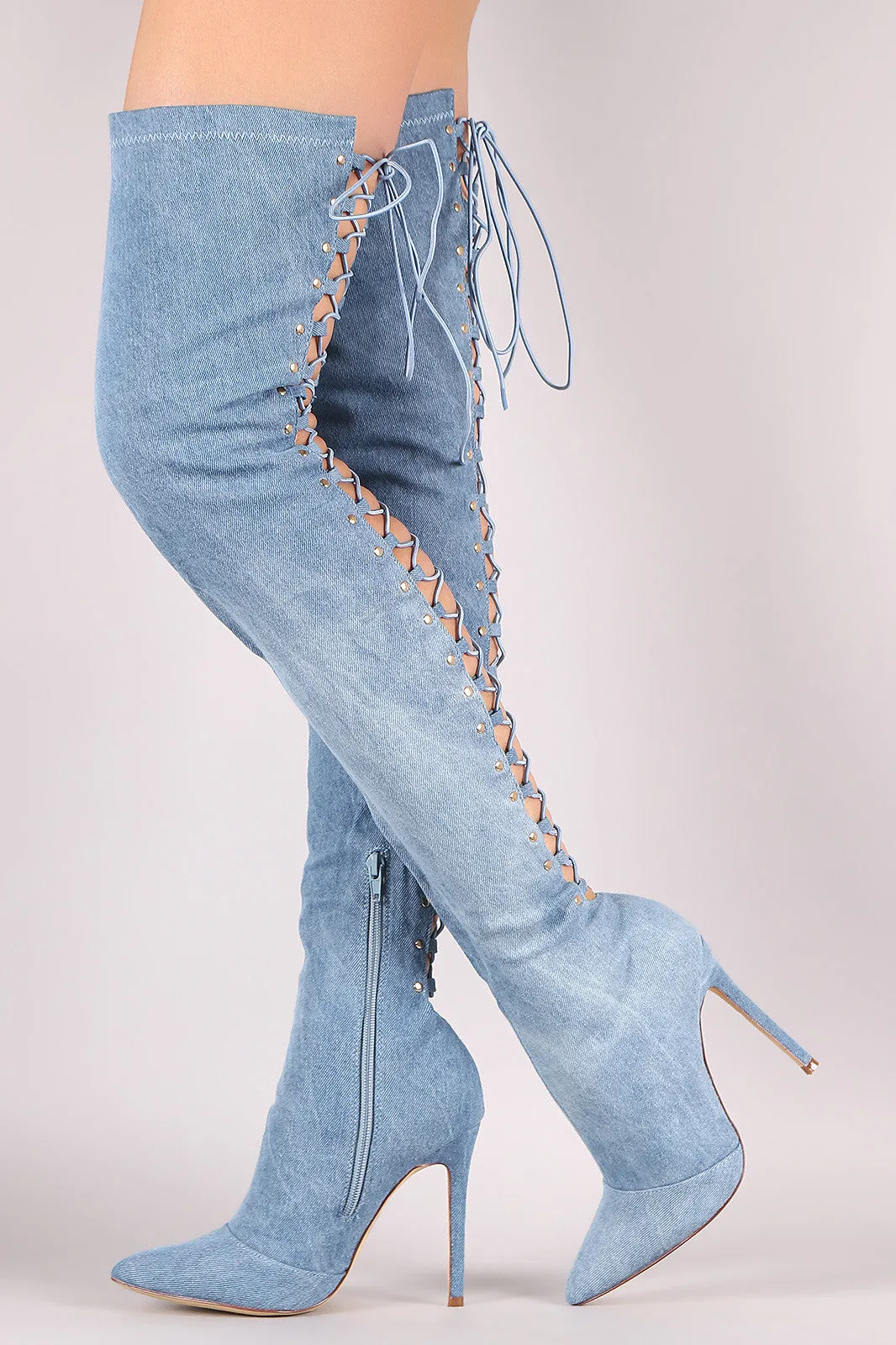 Denim Back Studded Lace Up Pointy Toe Boots