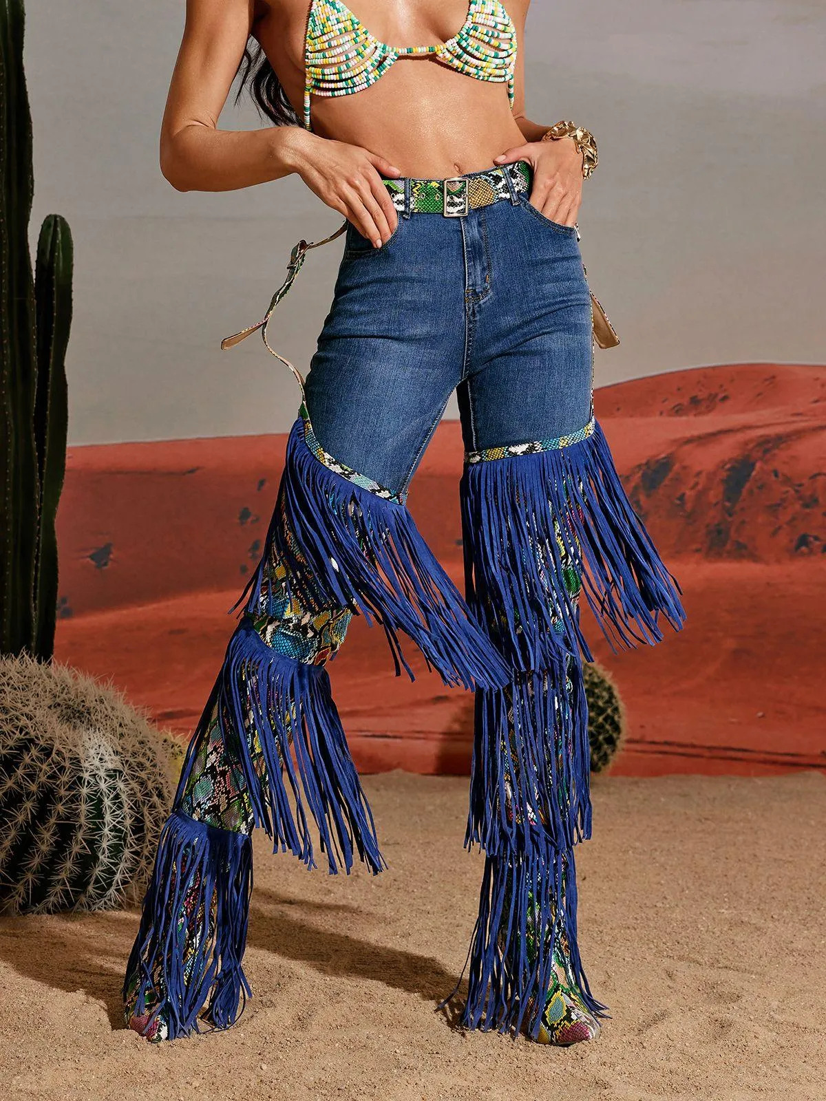 Eleni Denim Fringe Printed Boots In Blue