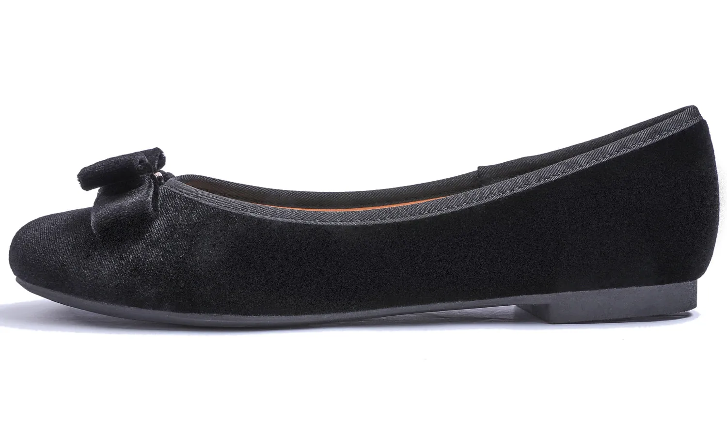 Feversole Women's Round Toe Cute Bow Trim Ballet Flats Black Velvet Metal Buckle