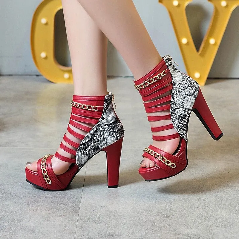 GlamChain Snake Skin Zip Summer Party Heels