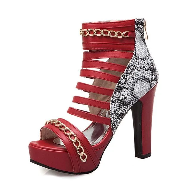 GlamChain Snake Skin Zip Summer Party Heels