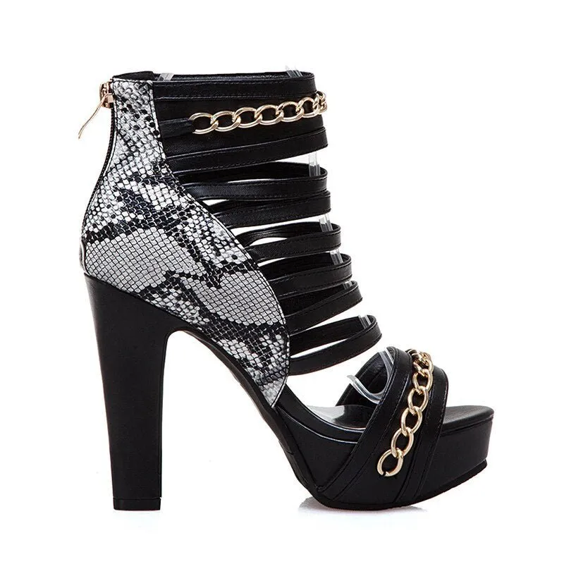 GlamChain Snake Skin Zip Summer Party Heels