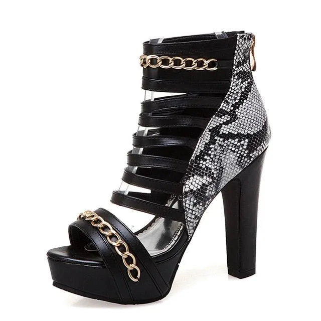 GlamChain Snake Skin Zip Summer Party Heels