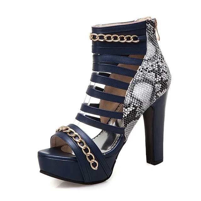 GlamChain Snake Skin Zip Summer Party Heels