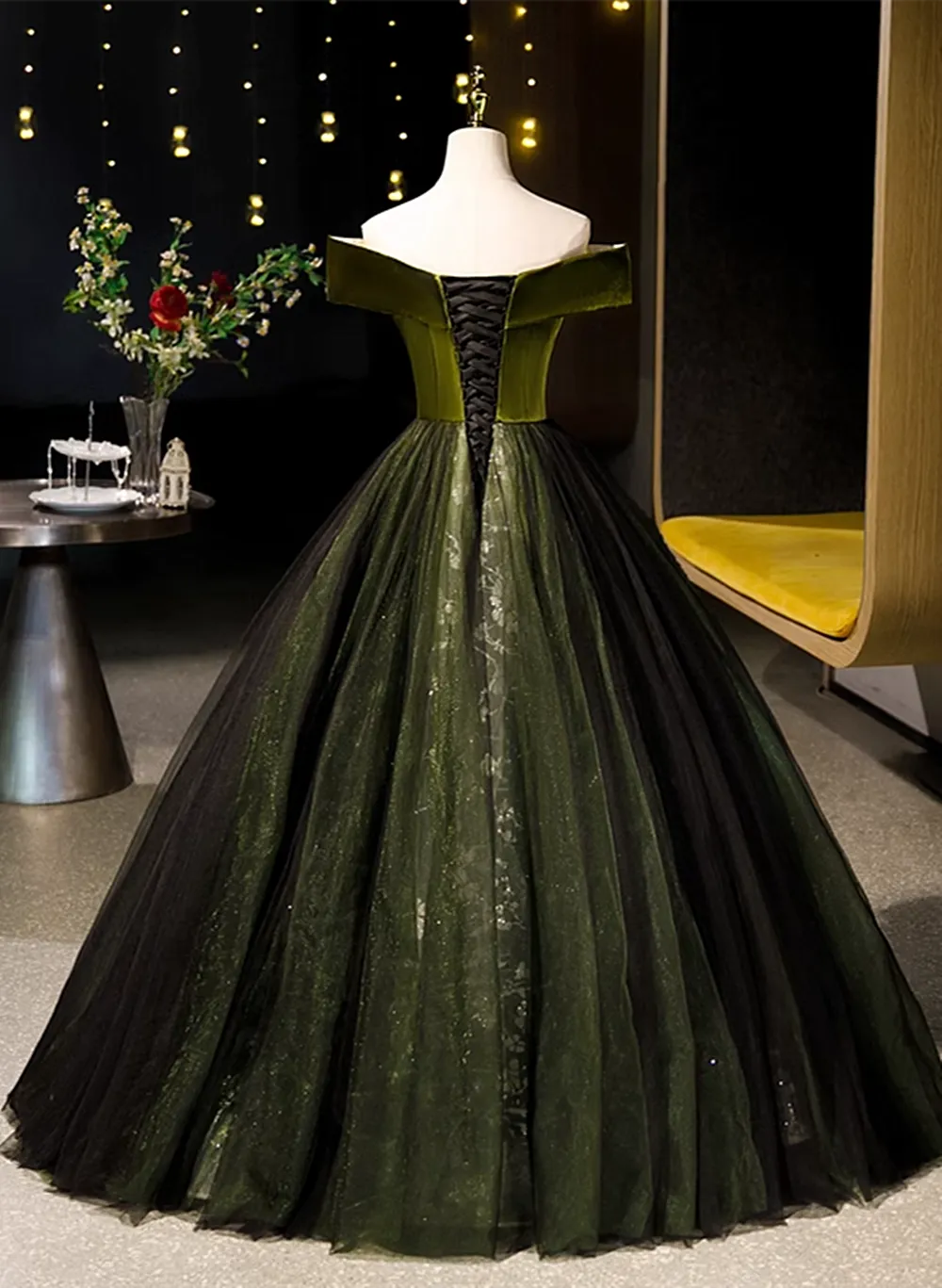 Green Velvet and Tulle Off Shoulder Party Dress, A-line Green Evening Dress Prom Dress