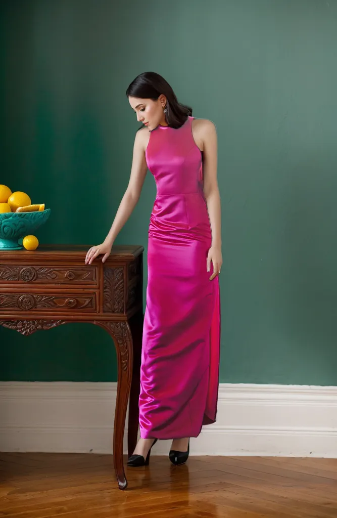 Haltered bow design back sheath silky satin prom dress with bow-tie multiple colors