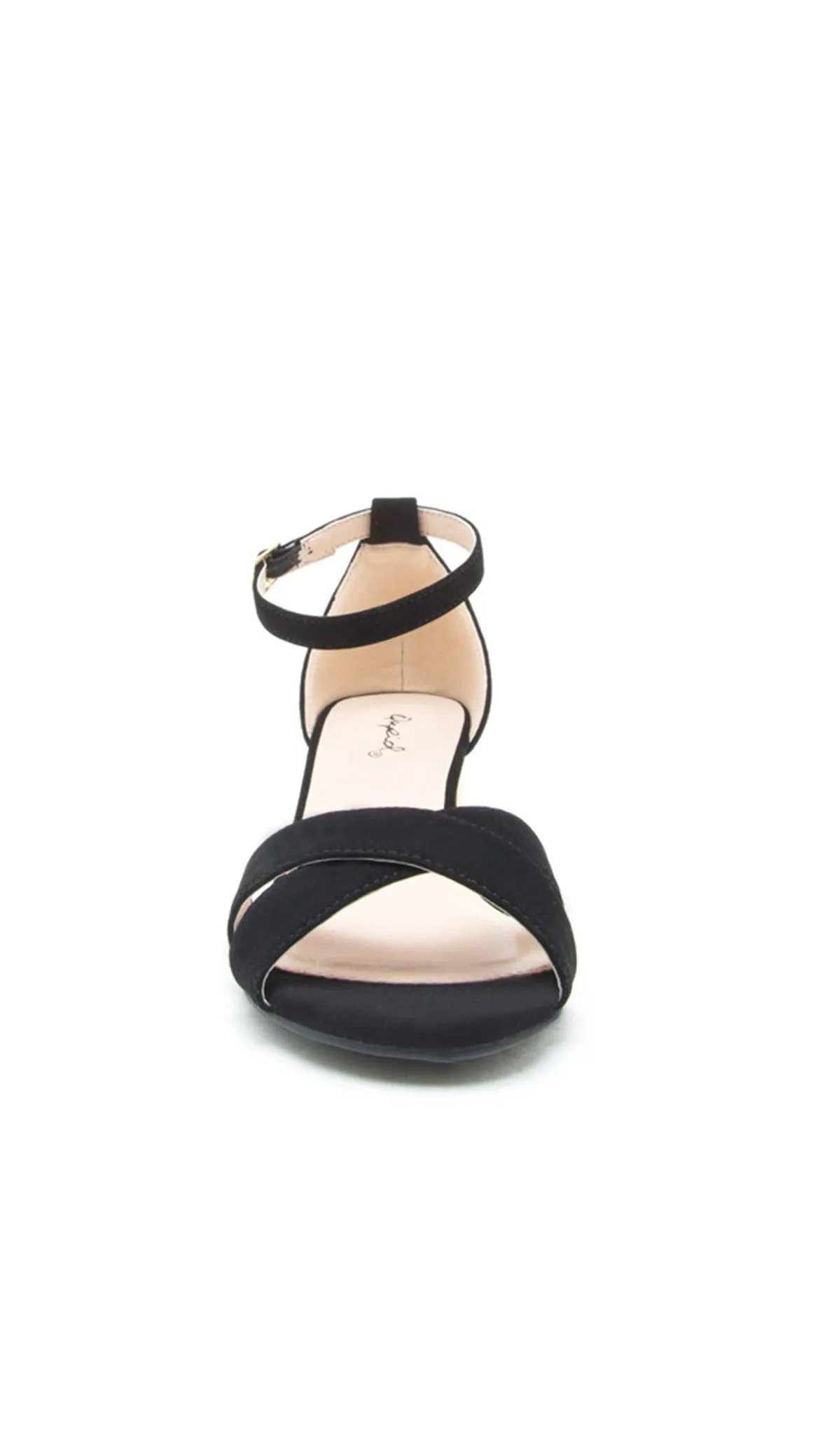 Jaden Criss Cross Black Suede Sandals Gold Block Heel