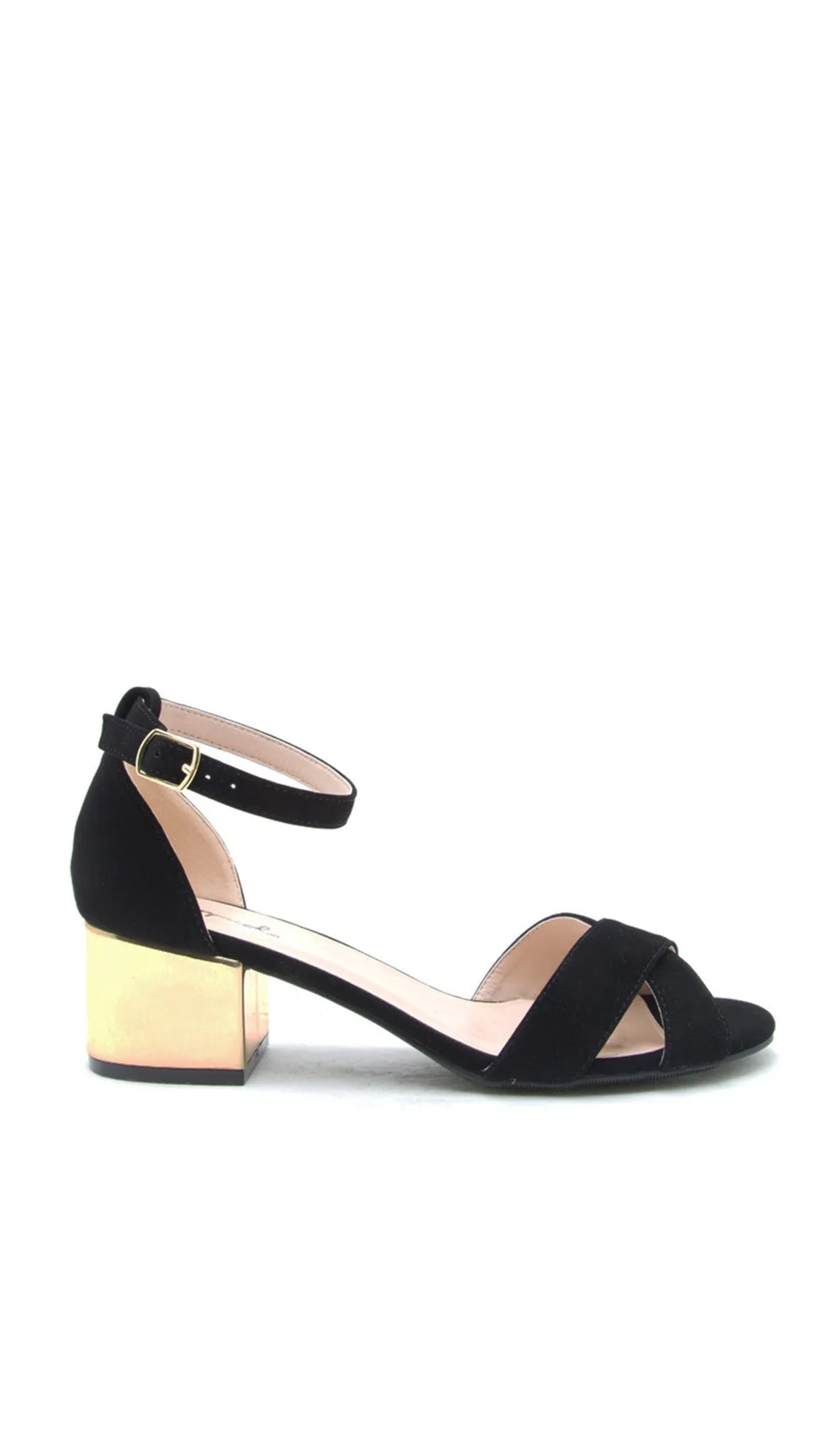 Jaden Criss Cross Black Suede Sandals Gold Block Heel