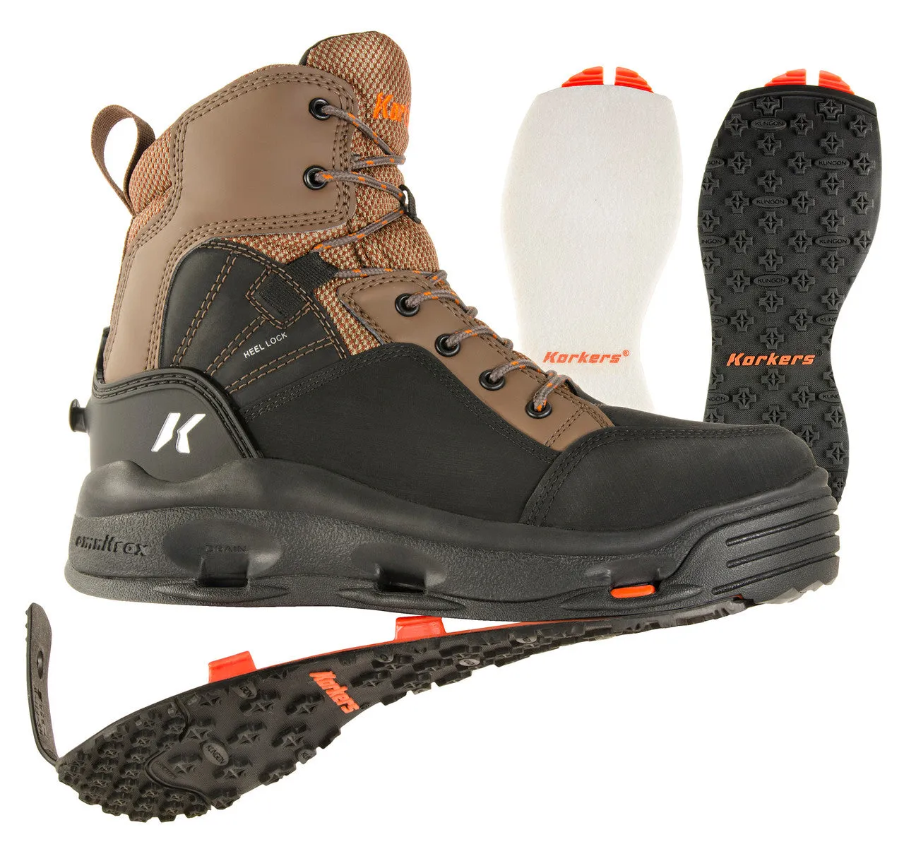 Korkers Mens Brown/Black Buckskin Wading Boots with Felt & Kling-On Soles