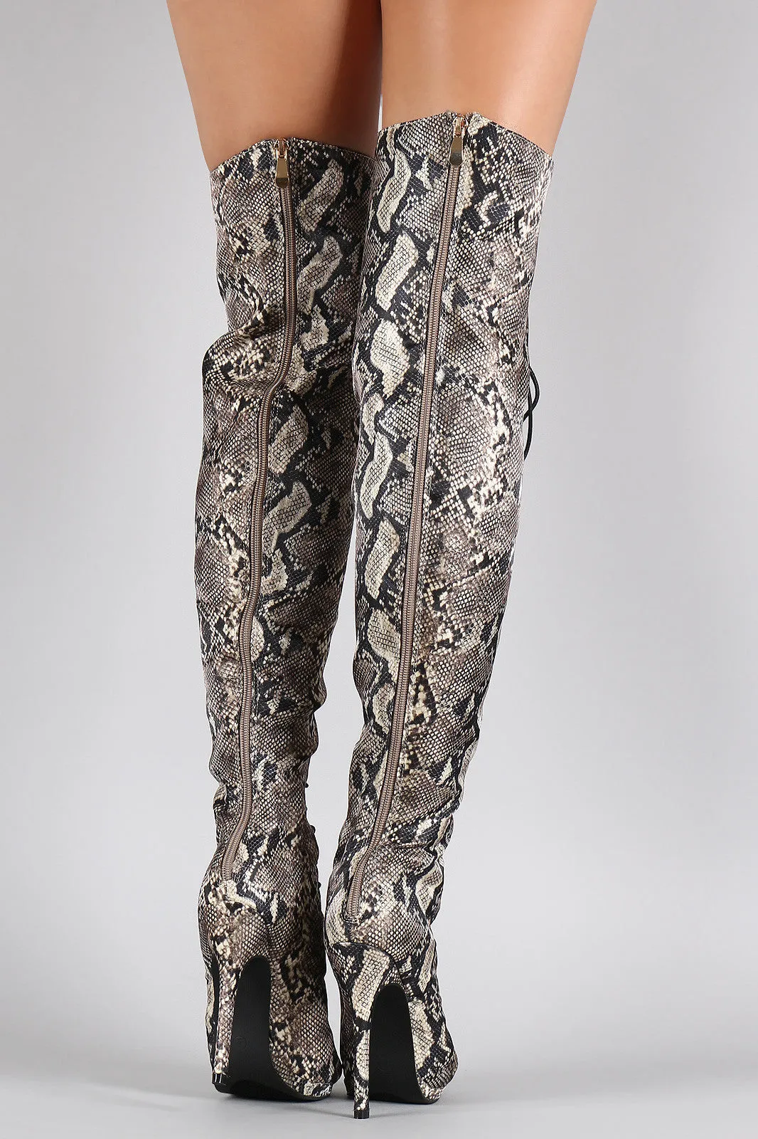 Liliana Python Peep Toe Lace Up Stiletto Thigh High Boot