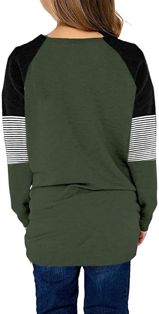 Little Girls' Army Green Color Block Raglan Sleeves Stripe Pullover Top