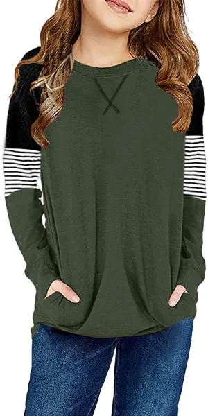 Little Girls' Army Green Color Block Raglan Sleeves Stripe Pullover Top