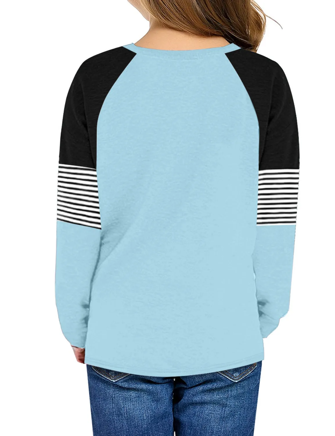 Little Girls' Blue Color Block Raglan Sleeves Stripe Pullover Top