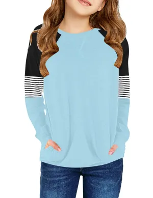 Little Girls' Blue Color Block Raglan Sleeves Stripe Pullover Top